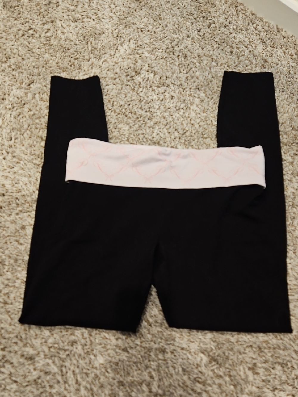 PINK Victoria's Secret Black Leggings with Light Pink Fold-Over Waistband